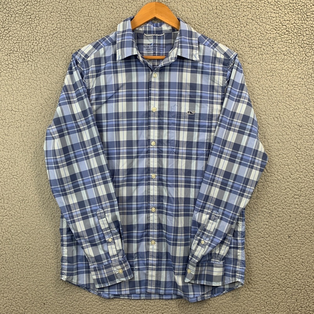 Vineyard Vines OTG On-The-Go Performance Button Down Shirt Blue Plaid Sz M EUC
